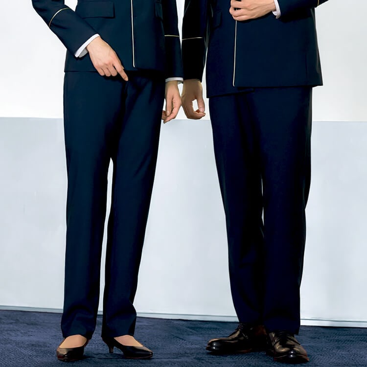 【ホテル制服パンツ 男女兼用】ストレッチ「脇ゴム仕様」ホームウォッシャブル 3S～4L ネイビー色 / ショップ店員ユニフォーム 