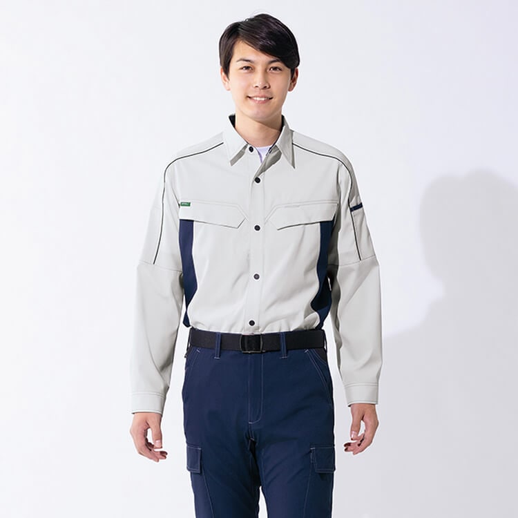 【ワークシャツ長袖 男女兼用】高ストレッチ「型崩れしにくい」植物由来ECO繊維 SS～6L 4色 / 運送業ユニフォーム