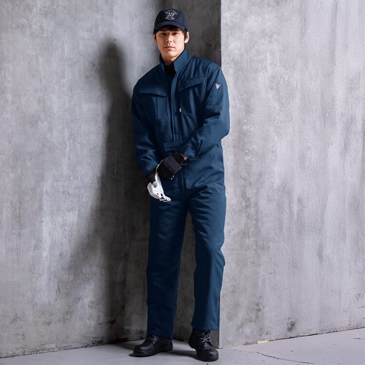 【防寒つなぎ服】超撥水！「蓄熱保温素材 裏地」M～5L ネイビー色  整備士 / 製造工場作業着 (GIB109)