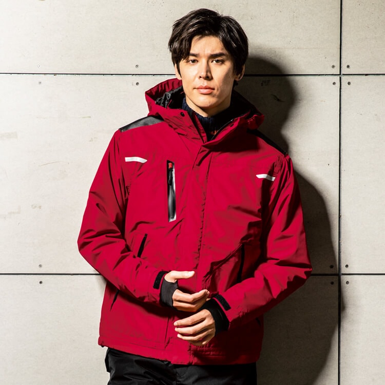 【防寒防水ジャケット 男女兼用】遠赤外線保温「2WAYストレッチ」透湿 S～5L 4色 フード付き / スタッフブルゾン (GIB562)