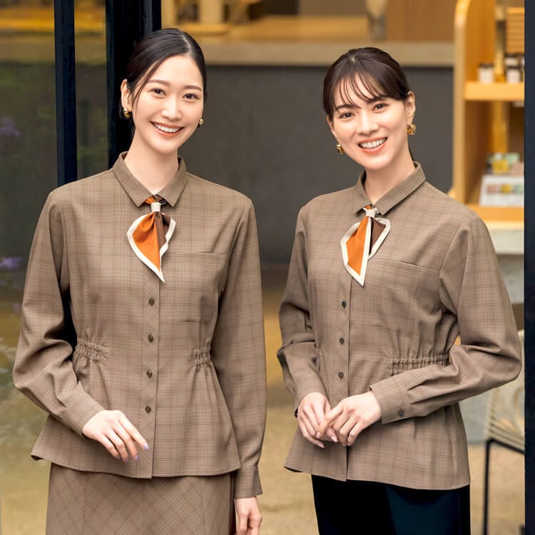 【オフィス制服ブラウス長袖】チェック柄「ウエストシェイプ」S～5L 2色 / 事務服