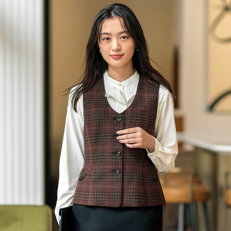 【オフィス制服ベスト】チェック柄 「抗菌 TioTio加工」ストレッチ 5～23号 2色  事務服/セロリー