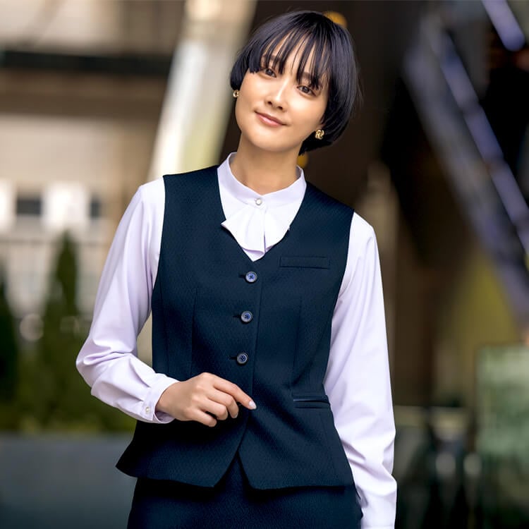 【事務服ベスト】オールシーズン「抗菌 消臭 TioTioプレミアム加工」ニットストレッチ素材 5～23号 ネイビー色  オフィス制服 / セロリー