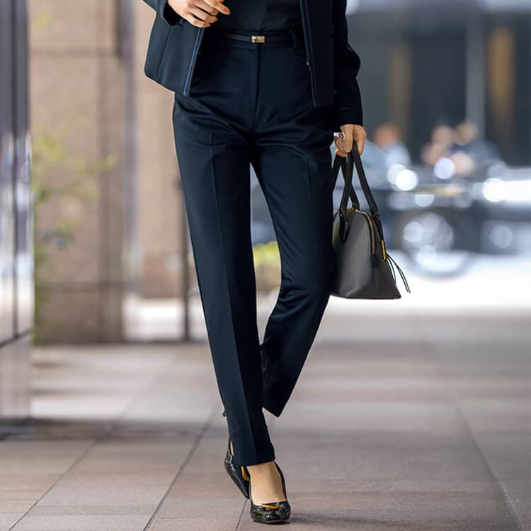 【事務服テーパードパンツ】オールシーズン「制菌 消臭 TioTio加工」ストレッチ素材 5～19号 ブラックネイビー色 / セロリー