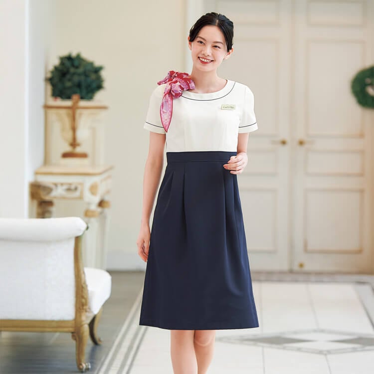 【エステ制服ワンピース】静電気防止「汚れを防ぐ素材」ネイビー×ホワイト 5～15号 / サロン施術ユニフォーム