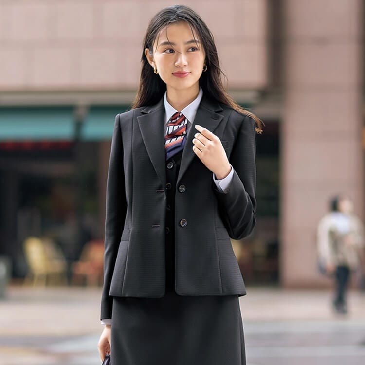 【事務服ジャケット チェック柄】オールシーズン「伸びるニット素材」5～19号 チャコール色 / オフィスユニフォーム