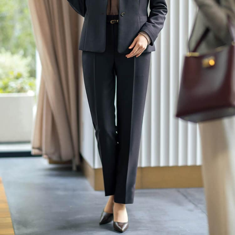 【事務服テーパードパンツ】チェック柄「ニットストレッチ素材」5～19号 チャコール色 / オフィスユニフォーム