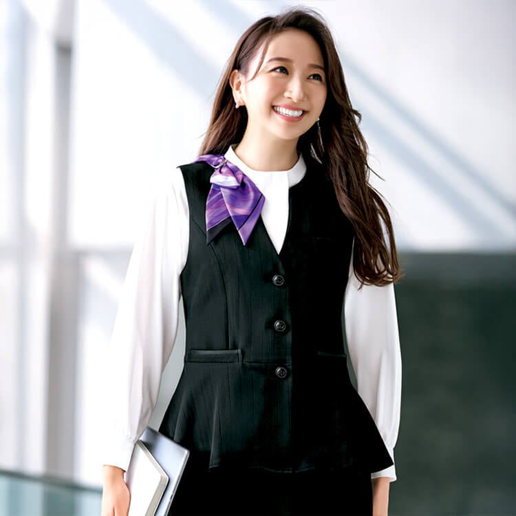 【事務服ベスト】ECO素材「キーネックデザイン」シャドーストライプ柄 5～17号 2色 / 接客ユニフォーム