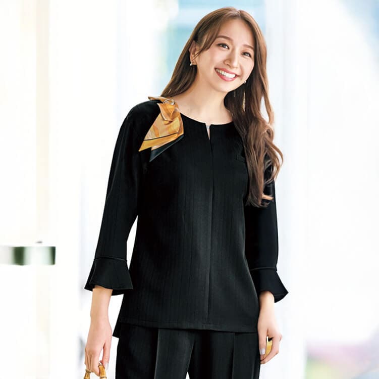 【オフィス制服 プルオーバー】七分袖「2WAYストレッチ」シャドーストライプ柄 5～17号 2色 / 事務服