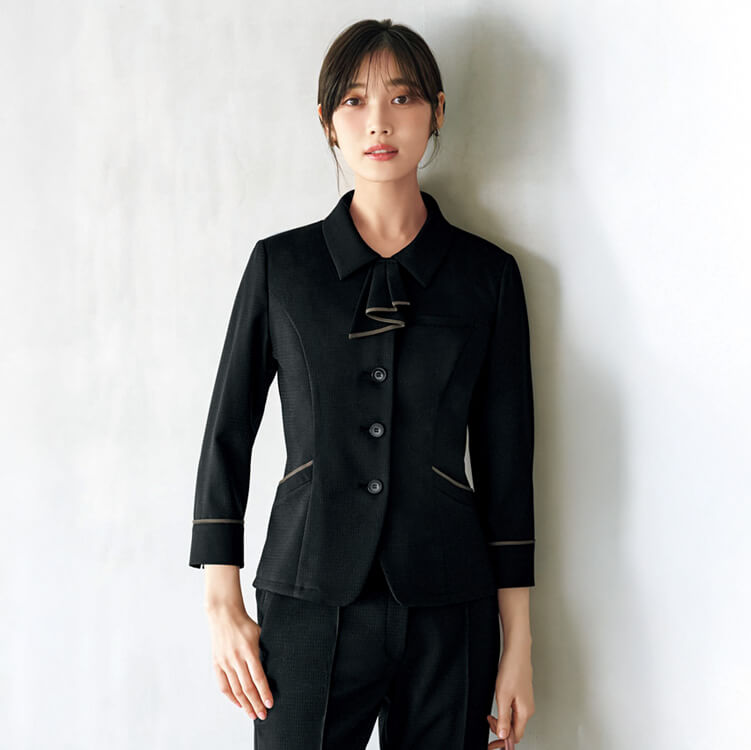 【オーバーブラウス事務服 】七分袖「2WAYストレッチ」シャドーチェック柄　5～17号 ネイビー  ブラック色 / 会社制服