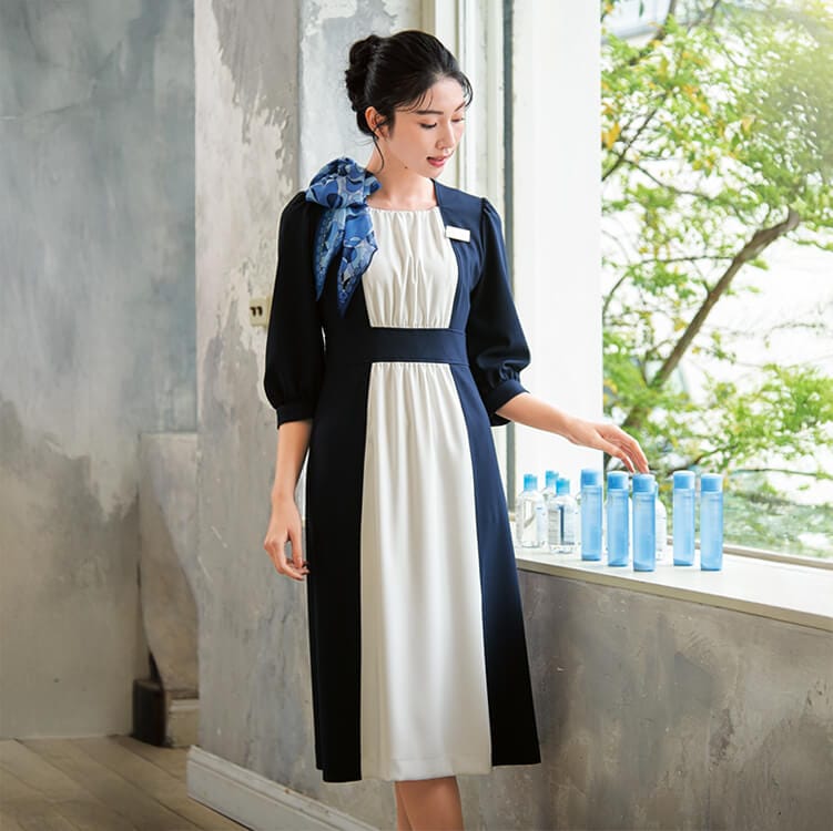 【エステ制服ワンピース 】ストレッチ「ECO繊維使用」透け防止 5～15号 3 色 / 受付ユニフォーム