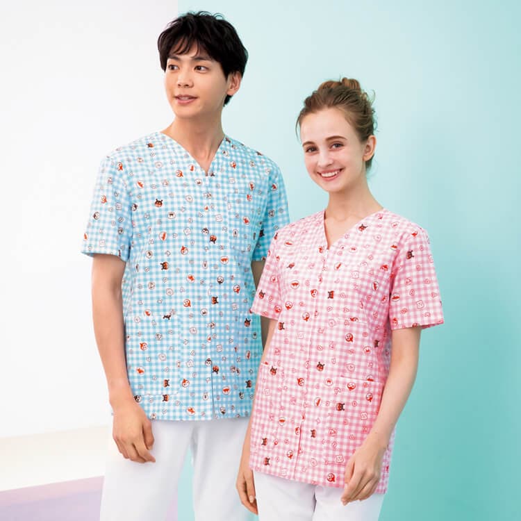 【医療スクラブ アンパンマン】男女兼用「フロントファスナー」制菌 SS～4L 2色 小児科/クリニックユニフォーム