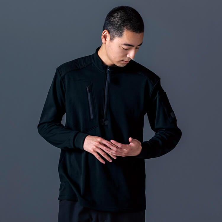 【秋冬 作業着長袖】男女兼用「軽量＆ストレッチ」ワッフル素材  S～6L ブラック色  防寒着 / ワークウェア