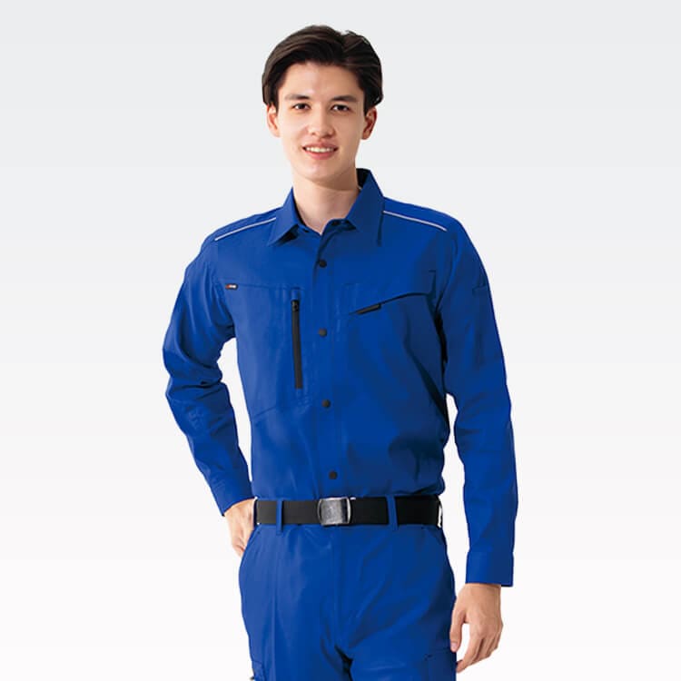【作業シャツ長袖 男女兼用】軽量ストレッチ「帯電防止仕様」反射材パイピング  SS～6L 5色 / 現場ユニフォーム