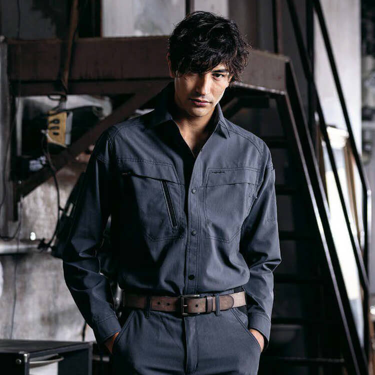 【作業着シャツ長袖 男女兼用】オールシーズン素材・帯電防止「超軽量ストレッチ」UVカット  SS～6L 6色 / 作業ユニフォーム