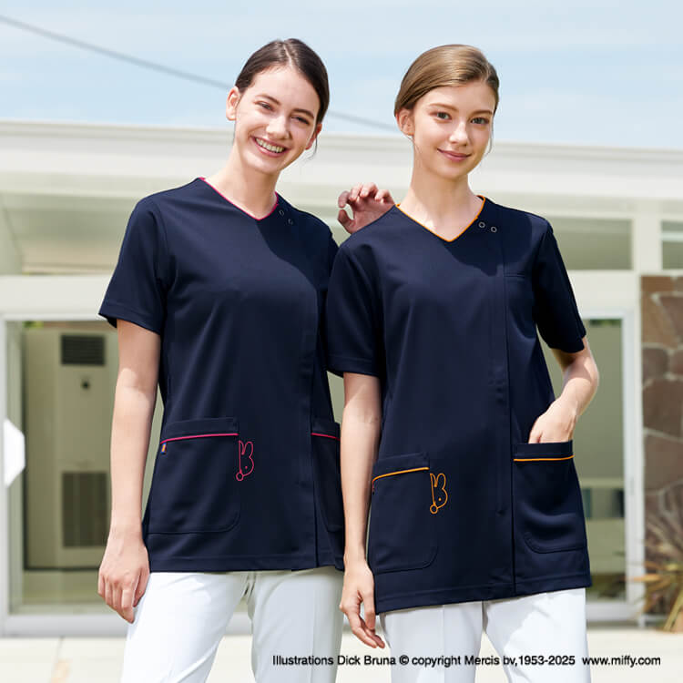 【ミッフィースクラブ レディース】制菌防汚「ウエストシェイプ シルエット」S～EL ネイビー 2色 / 小児科白衣