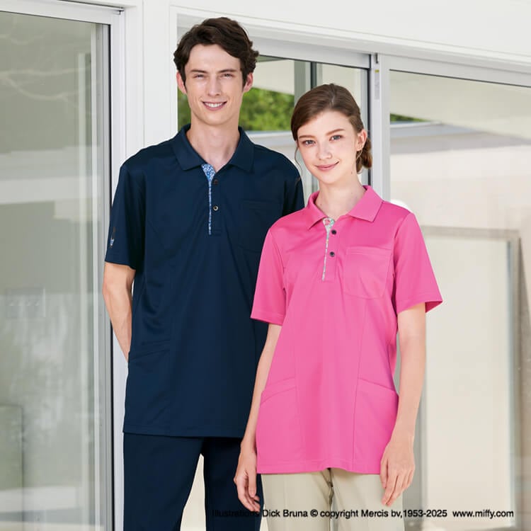 【看護師ポロシャツ 男女兼用】大きめポケット・ニット素材「ミッフィー刺繍」SEK制菌・防汚 SS～BL 2色 / 医療従事者向け