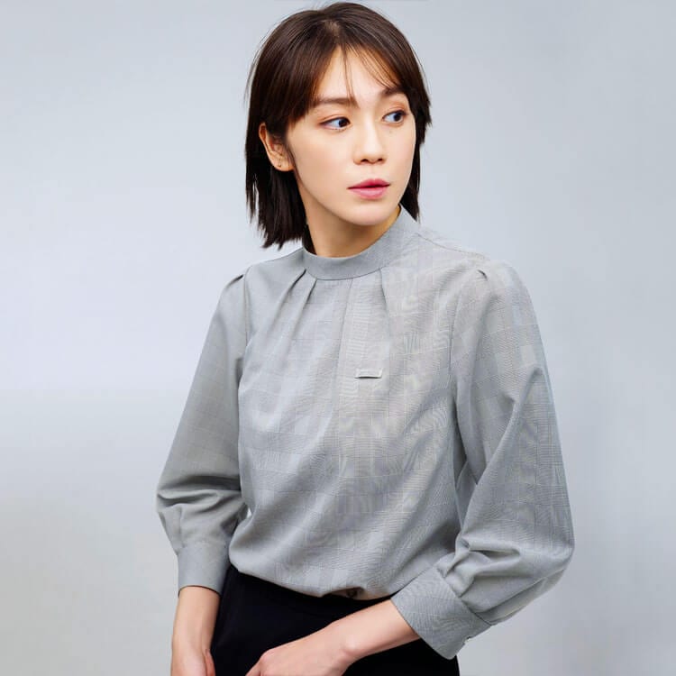 【オフィス制服ブラウス】レディース「光沢感のある上質素材」グレンチェック柄・ストレッチ 5～17号  2色 / 接客販売員