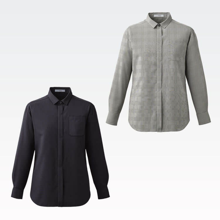 【店舗接客制服 シャツ長袖】男女兼用「ヨコストレッチ」消臭テープ付き・グレンチェック柄 SS～3L 2色 / オフィスユニフォーム 