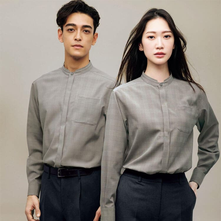 【店舗接客制服 スタンドカラーシャツ長袖】男女兼用・吸汗速乾「ヨコストレッチ」グレンチェック柄・消臭テープ付 SS～3L 2色 / オフィスユニフォーム