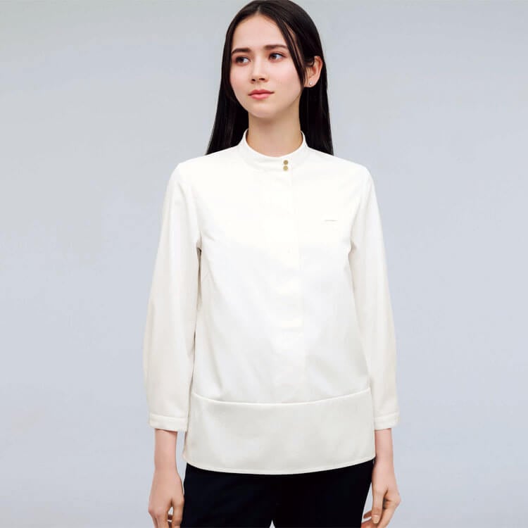 【オフィス制服ブラウス スタンドカラー】吸汗速乾「ヨコストレッチ」透け防止・UVカット・ホームクリーニング 5～17号 / 接客用ユニフォーム