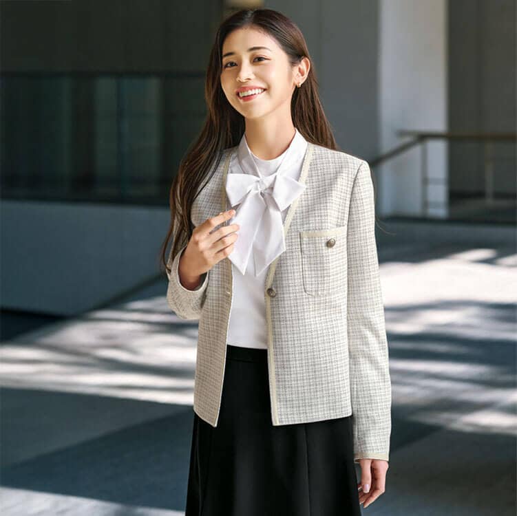 【事務服ジャケット】ノーカラーデザイン・防汚「軽量ツイード素材」ヨコストレッチ・撥水・ホームクリーニング 2色 5～15号 / ショールーム制服