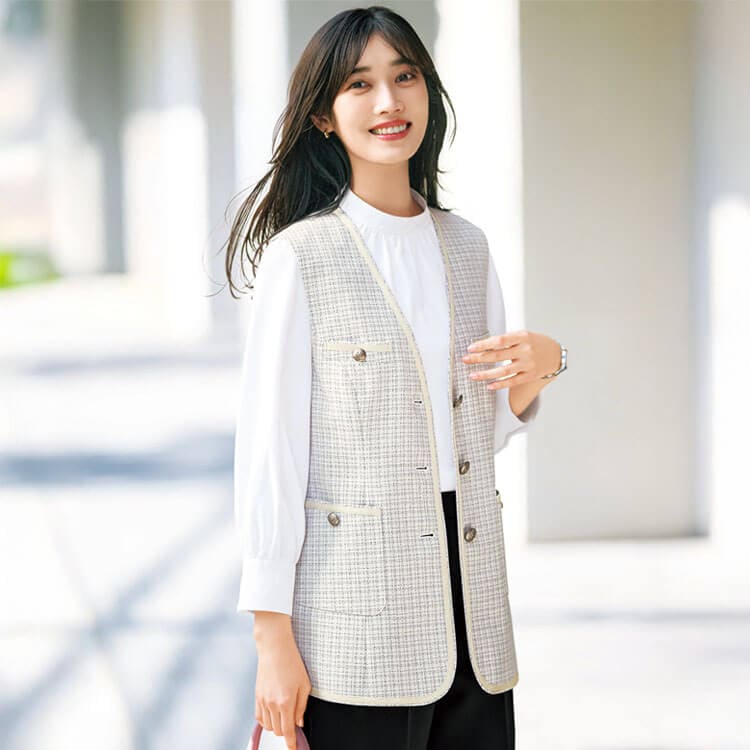 【オフィス制服ベスト】オールシーズン・防汚「収納力抜群の多機能ポケット」ツイード調・ ヨコストレッチ・撥水・家庭洗濯対応 2色  5～15号/ 接客用制服