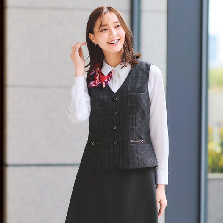 【オフィス制服ベスト】オールシーズン「サステナブルユニフォーム」ストレッチ・家庭洗濯可 5～21号 2色 / 事務服