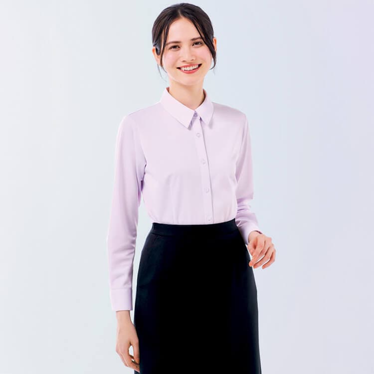 【事務服ブラウス長袖】イージーケア・透け防止「ニットストレッチ素材」シャドーストライプ・家庭洗濯可 3色 5～21号 / オフィスユニフォーム