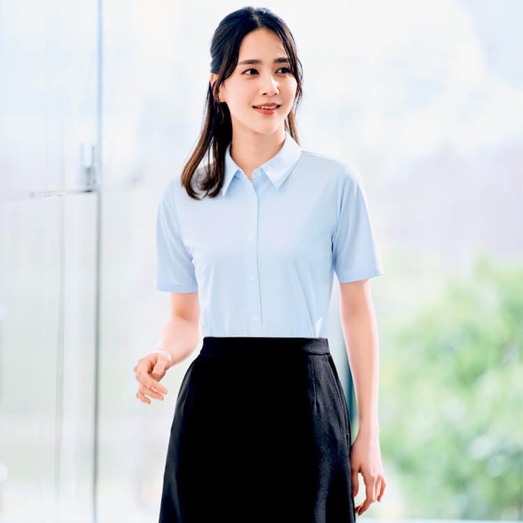 【事務服ブラウス半袖】イージーケア素材「シャドーストライプ」ストレッチ・透け防止・家庭洗濯可 3色 5～21号 / 会社制服