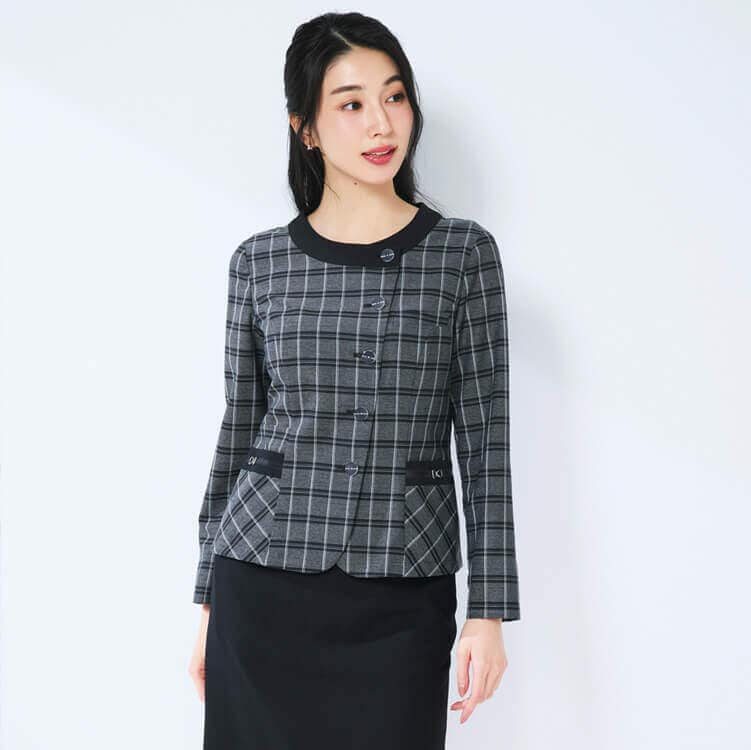 【事務服 ソフトジャケット】「軽量 一重仕立て」ECO素材 5～21号 モノトーンチェック色 / ショールーム制服