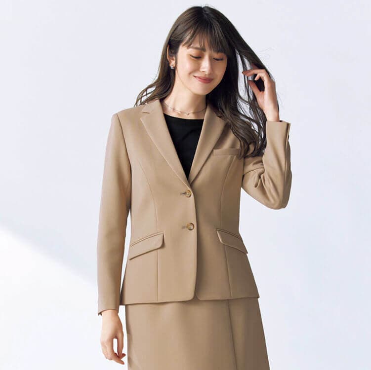 【オフィス制服 テーラードジャケット】オールシーズン「2WAYストレッチ」5～19号 ベージュ ブラック色 /  会社ユニフォーム