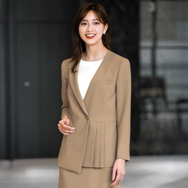 【受付制服 ジャケット】オールシーズン「アシンメトリーデザイン」ストレッチ素材 5～19号 ベージュブラック色 / オフィス系接客制服