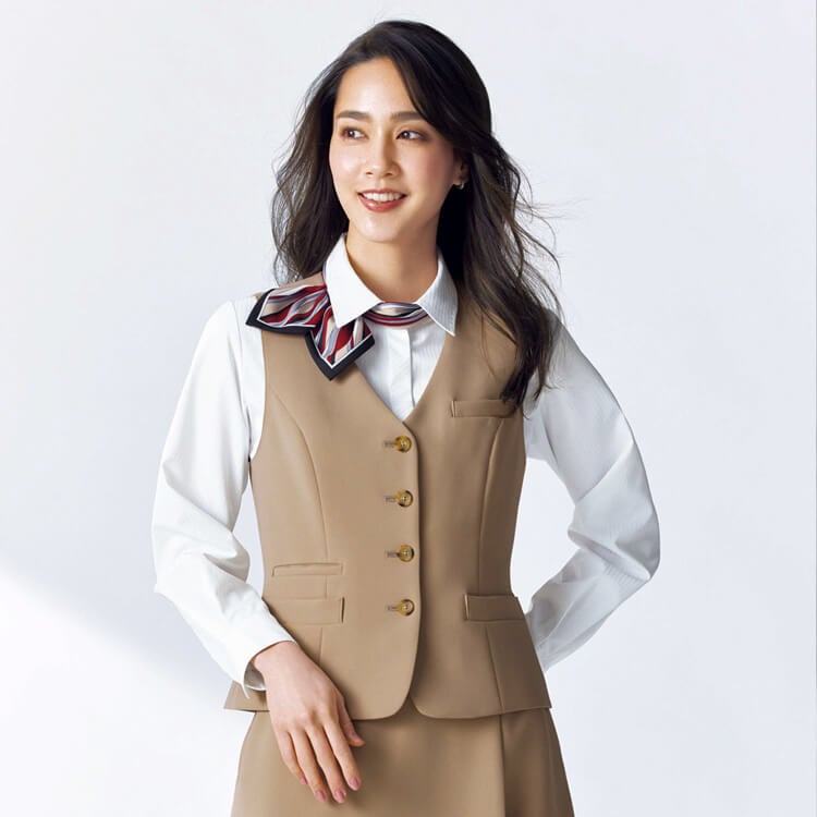 【事務服ベスト】オールシーズン「抗菌防臭裏地使用」ストレッチ 5～19号 ベージュ・ブラック色 / オフィスユニフォーム