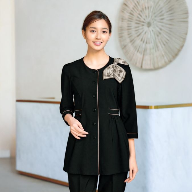 【接客向けユニフォーム チュニック】ニット素材「ハイウエスト」ブラック色 5～17号  事務服 / マリークワント