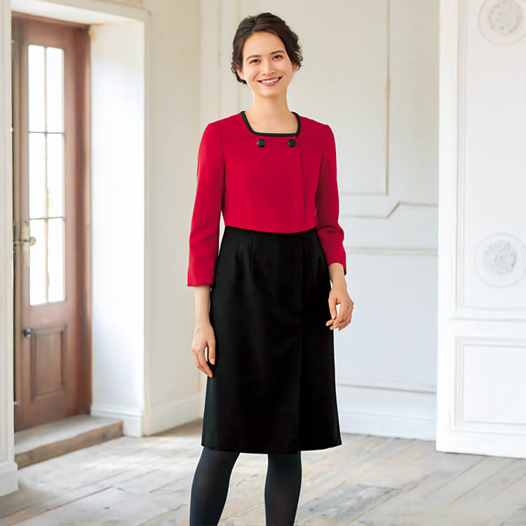 【受付制服ワンピース 七分袖】消臭テープ付き「ウールのような上品素材」5～17号 2色 / マリークワント (CHSM5707)