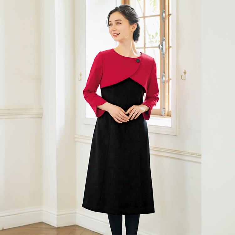 【受付制服ワンピース 七分袖】ストレッチ「ウールのような上品素材」2色 5～17号  事務服 / マリークワント (CHSM5708)