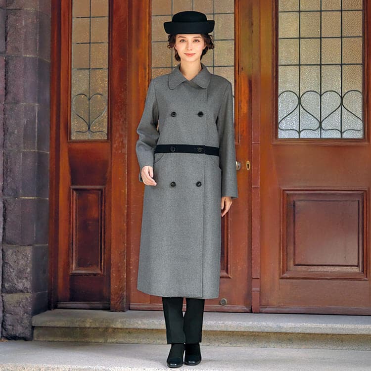 【事務服コート】防寒着・レディース「クラシカルな丸襟ダブルコート」ロング丈 S～LL 2色 / ホテルユニフォーム