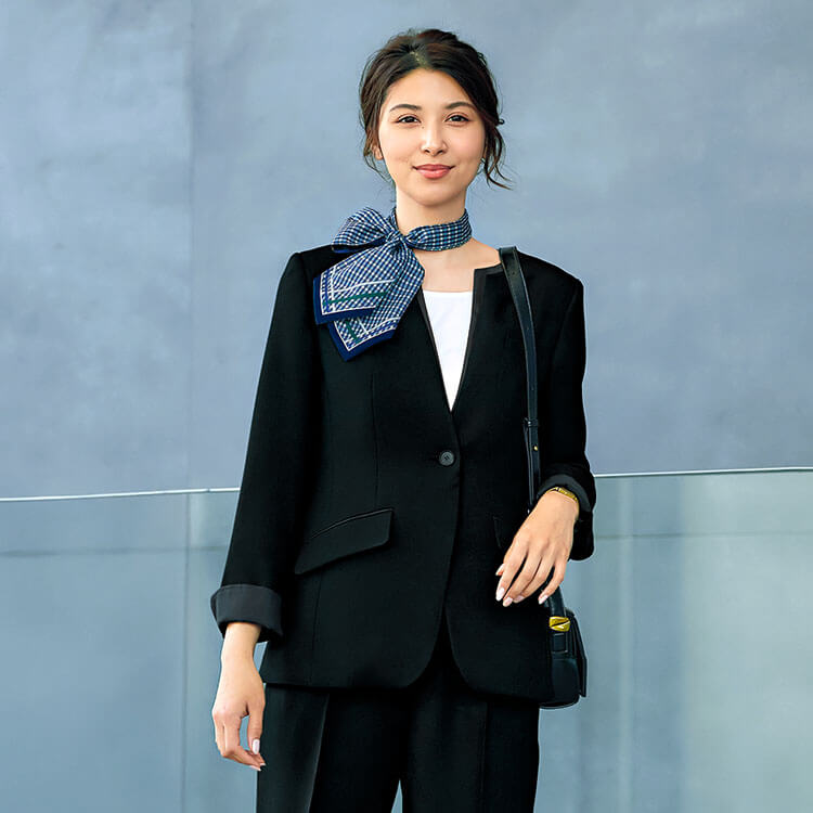 【オフィス制服ジャケット レディース】オールシーズン「袖口サテン配色」ストレッチ ブラック色 S~3L / 接客向けユニフォーム