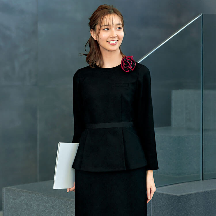 【受付制服 プルオーバー】オールシーズン「サテン配色デザイン」ノーアイロン素材・ブラック色  S～3L / インフォメーションユニフォーム 