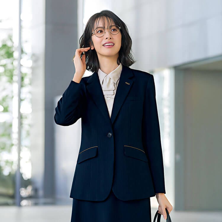 【オフィス制服 ジャケット】オールシーズン「10面体パターン」ストライプ 2色 5～17号 / レディースユニフォーム