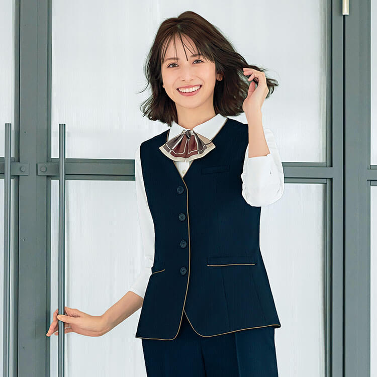 【事務服ベスト ストライプ柄】オールシーズン「着丈長め」ストレッチ・ECO素材・ 2色  5～17号 / オフィス制服 