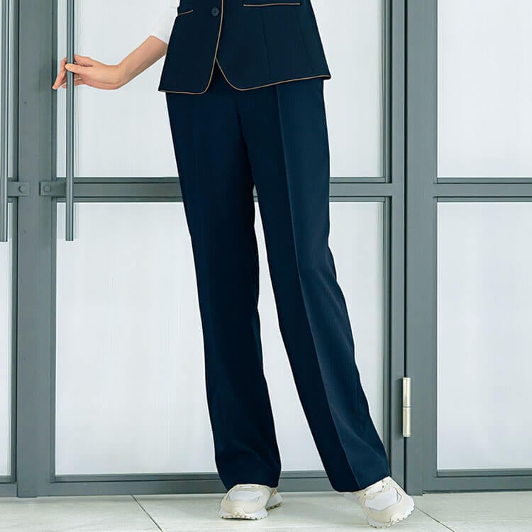 【オフィス制服 パンツ】レディース「センタープレス」ストライプ柄・すっきりウエストゴム  2色 5～17号 / 接客向けユニフォーム 