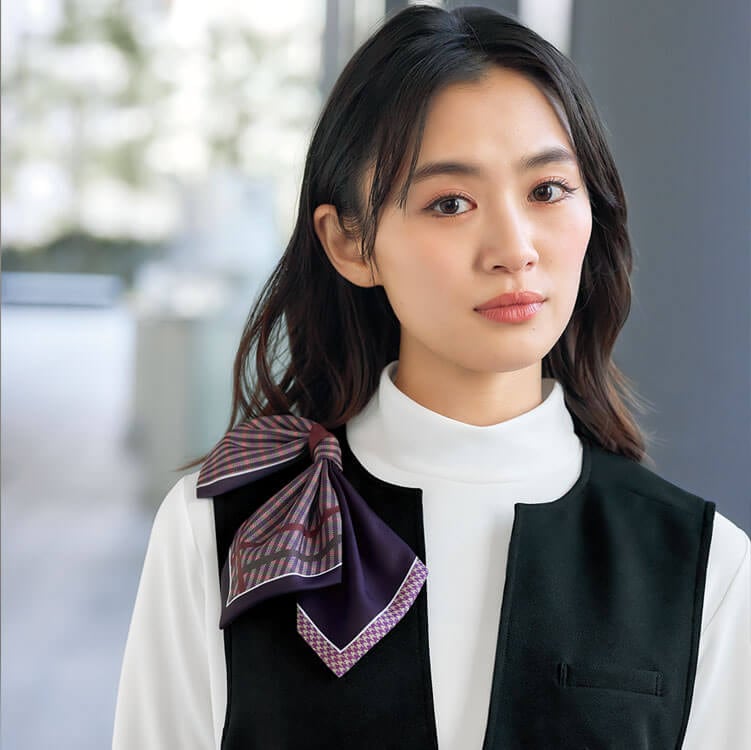 【事務服リボンブローチ】オフィス制服「クリップ式」ミニチェック柄×無地 3色 / 事務服アクセサリー