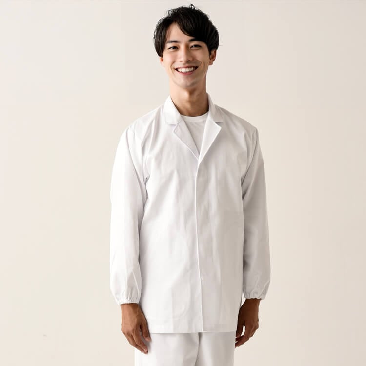 【厨房白衣コート 長袖】メンズ・綿100％「袖口耐熱ゴム」抗菌防臭  S~5L / 調理白衣