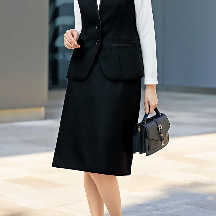 【事務服Aラインスカート】オールシーズン「ウエストゴム10cm伸縮」ストレッチ・ブラック色 5～17号 / 会社ユニフォーム レディース