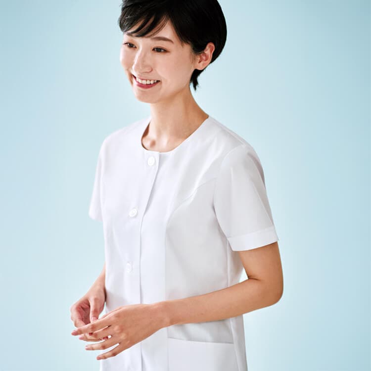 【調理用白衣半袖 レディース】衿なし・調理服「吸汗素材 薄手」S～4L / 厨房白衣