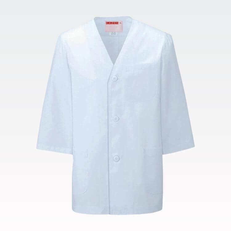 【調理用白衣 衿なし】男女兼用・七分袖「吸汗素材」M～6L 調理場 / 和食店白衣  