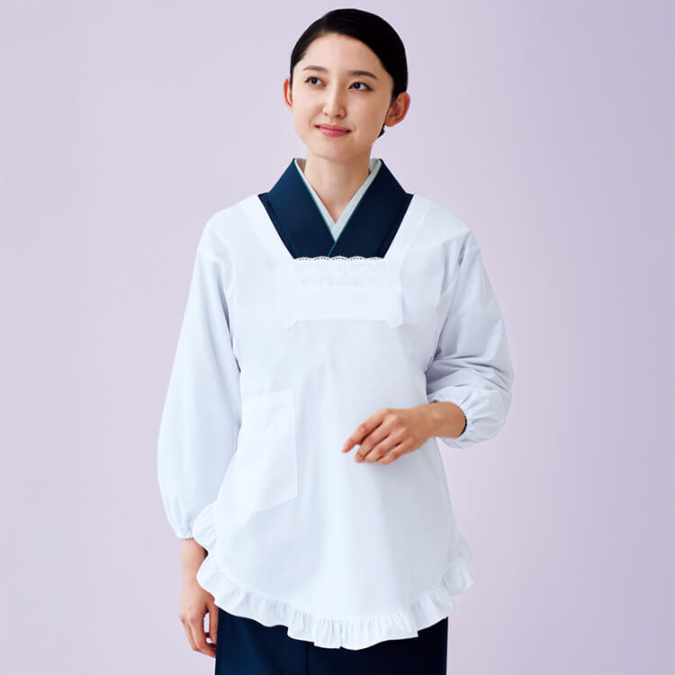 【割烹着 女性用】和食白衣 「袖口ゴム仕様」吸汗素材・M～L  食堂 / 居酒屋白衣 (SAA380)
