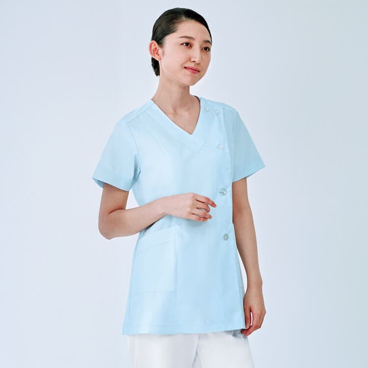 【調理用白衣半袖 レディース】Vネック「O-157制菌 素材」吸汗・3色  S～4L 食堂 / 厨房白衣